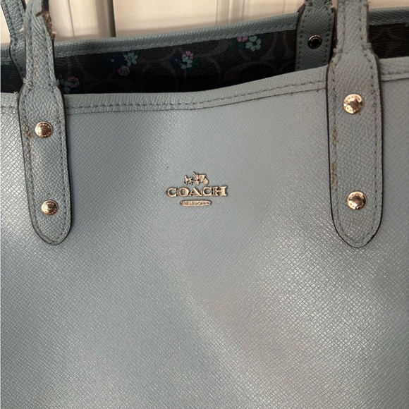 Coach Slate Blue & Floral Leather Tote - Picture 2 of 9